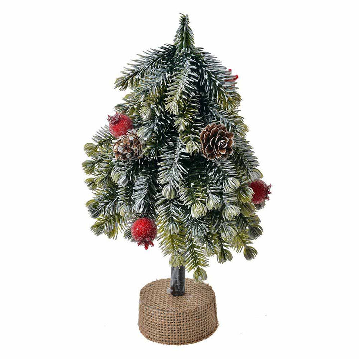 Der 24 cm große Weihnachtsbaum von Clayre &amp; Eef ist ein kleiner künstlicher Weihnachtsbaum, der mit Tannenzapfen, roten Ornamenten und bereiften Zweigen geschmückt ist und auf einem mit Sackleinen umwickelten Sockel steht.