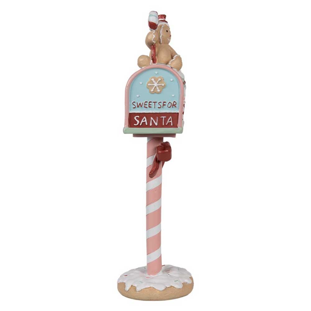 Clayre & Eef - Weihnachtsdeko Briefkasten Lebkuchenmann besteht aus einem Briefkasten mit dem Text „Sweets for Santa“ und einem Bären, der eine Zuckerstange hält. Der Briefkasten wird von einer Stange mit Zuckerstreifen getragen und steht auf einem Sockel, der Schnee ähneln soll.