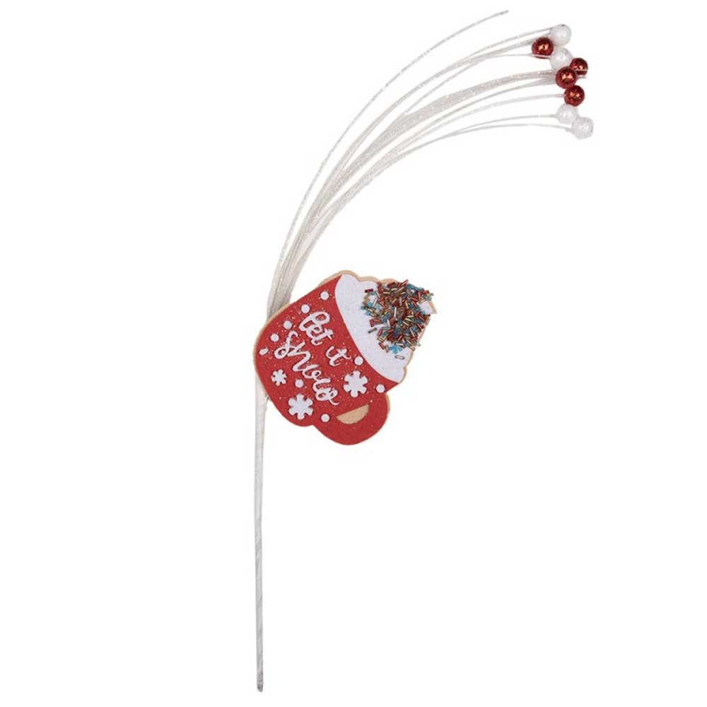 Die Weihnachtsdekoration „Let it snow“ von Clayre & Eef besteht aus einem roten Fäustling auf weißen Drähten, die mit roten und weißen Zierperlen geschmückt sind.