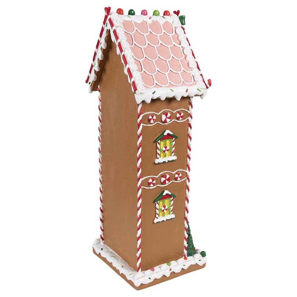 Wir präsentieren das Lebkuchenhaus Mega von Clayre & Eef, ein gewaltiges, 40 cm hohes Lebkuchenhaus, das mit Süßigkeitendekorationen geschmückt ist und über ein gewelltes Zuckergussdach und zwei Fenster auf einer Seite verfügt.