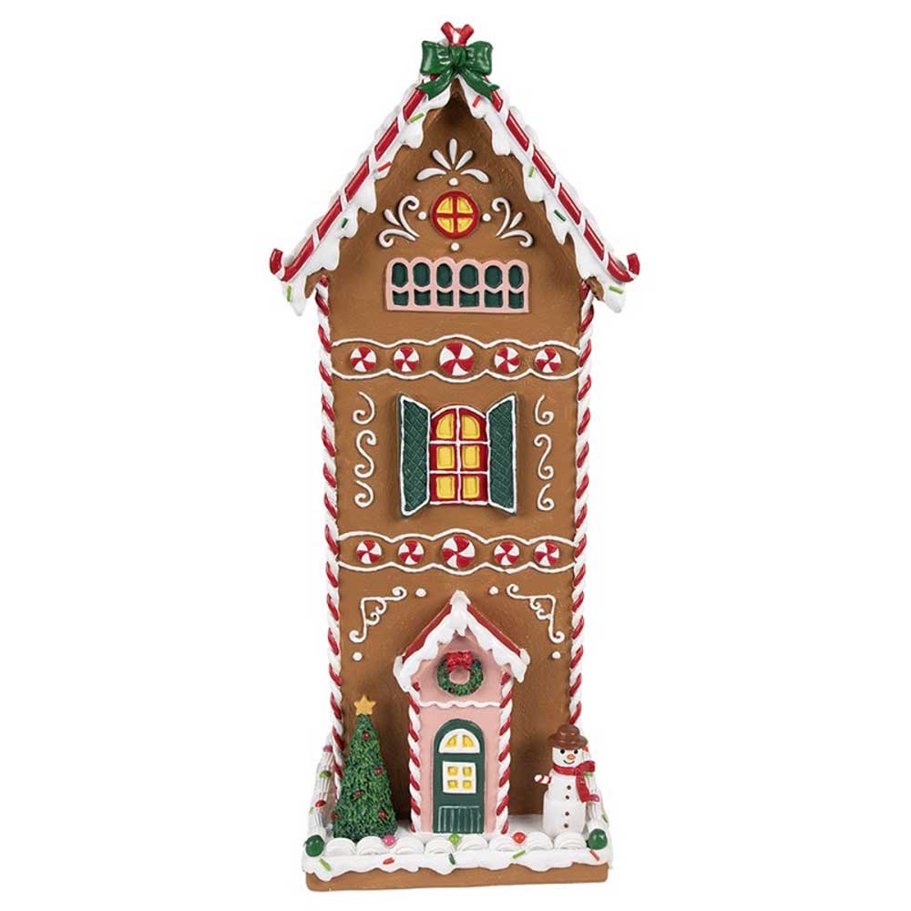 Das Clayre & Eef - Lebkuchenhaus Mega 40 cm ist ein großes, detailreiches Lebkuchenhaus mit lebendigen Verzierungen wie Zuckerstangen, Kränzen und einem Schneemann.