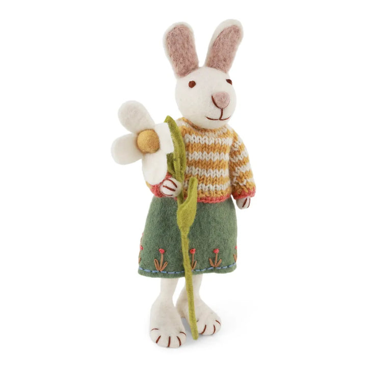 Gry & Sif - Mittleres weißes Hasenmädchen Filz mit Rock & Schneeglöckchen
