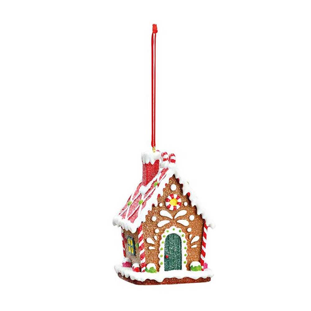G. Wurm - Anhänger Lebkuchenhaus mit roter Schnur, weißen Zuckergussverzierungen, bunten Bonbons und einer grünen Tür.