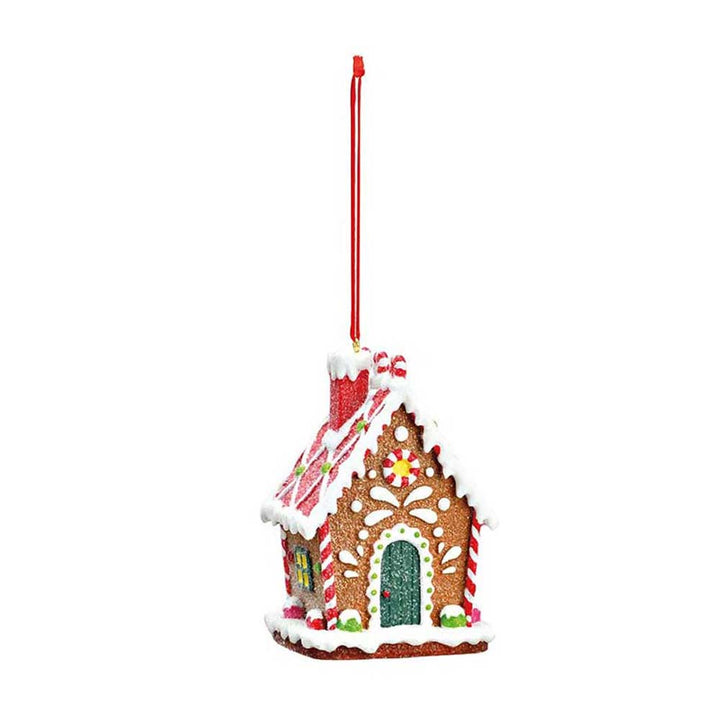G. Wurm - Anhänger Lebkuchenhaus mit roter Schnur, weißen Zuckergussverzierungen, bunten Bonbons und einer grünen Tür.