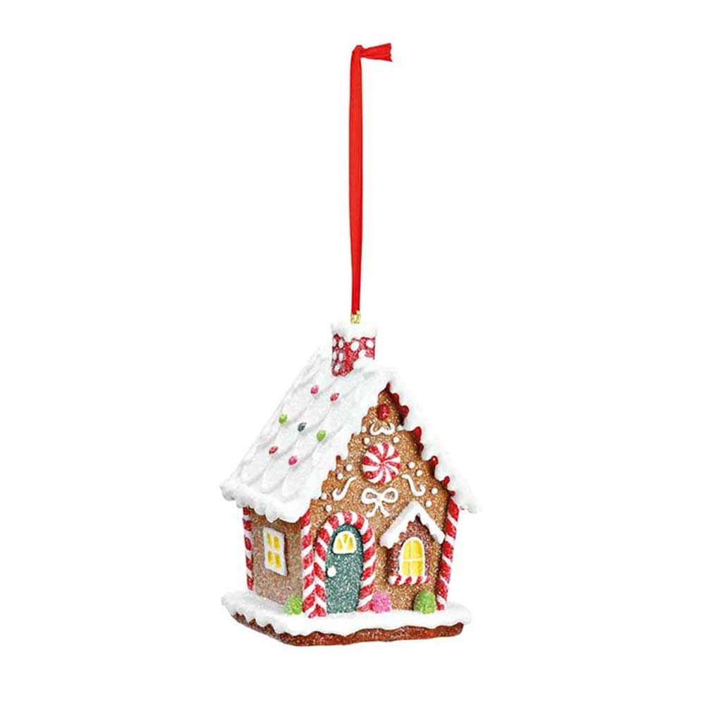 G. Wurm - Anhänger Lebkuchenhaus mit Zuckergussdetails, Süßigkeitendekorationen und einem roten Band zum Aufhängen.