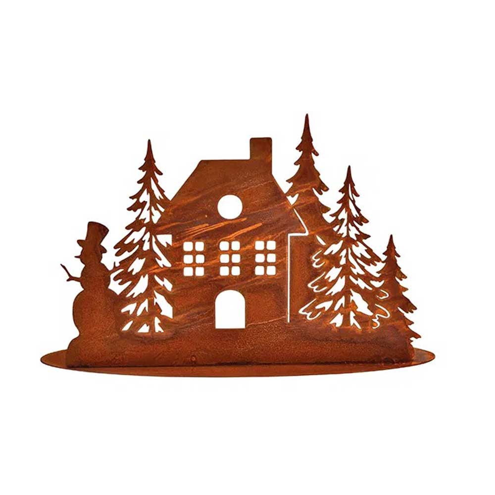 G. Wurm - Teelichthalter Haus Rost, gestaltet mit einer rustikalen Metallsilhouette mit einem Haus, einem Schneemann und Tannen, geeignet für zwei Teelichter.