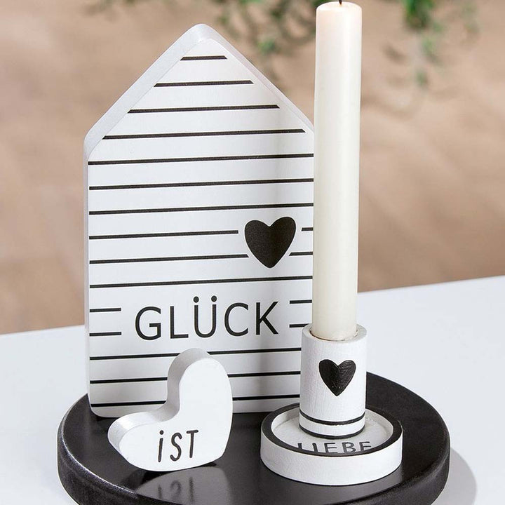 Gilde - Deko-Set „Glück ist Liebe“ – Holz, Schwarz-Weiß, 4-tlg.