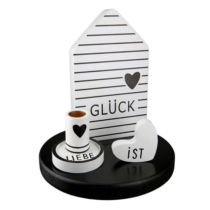 Gilde - Deko-Set „Glück ist Liebe“ – Holz, Schwarz-Weiß, 4-tlg.