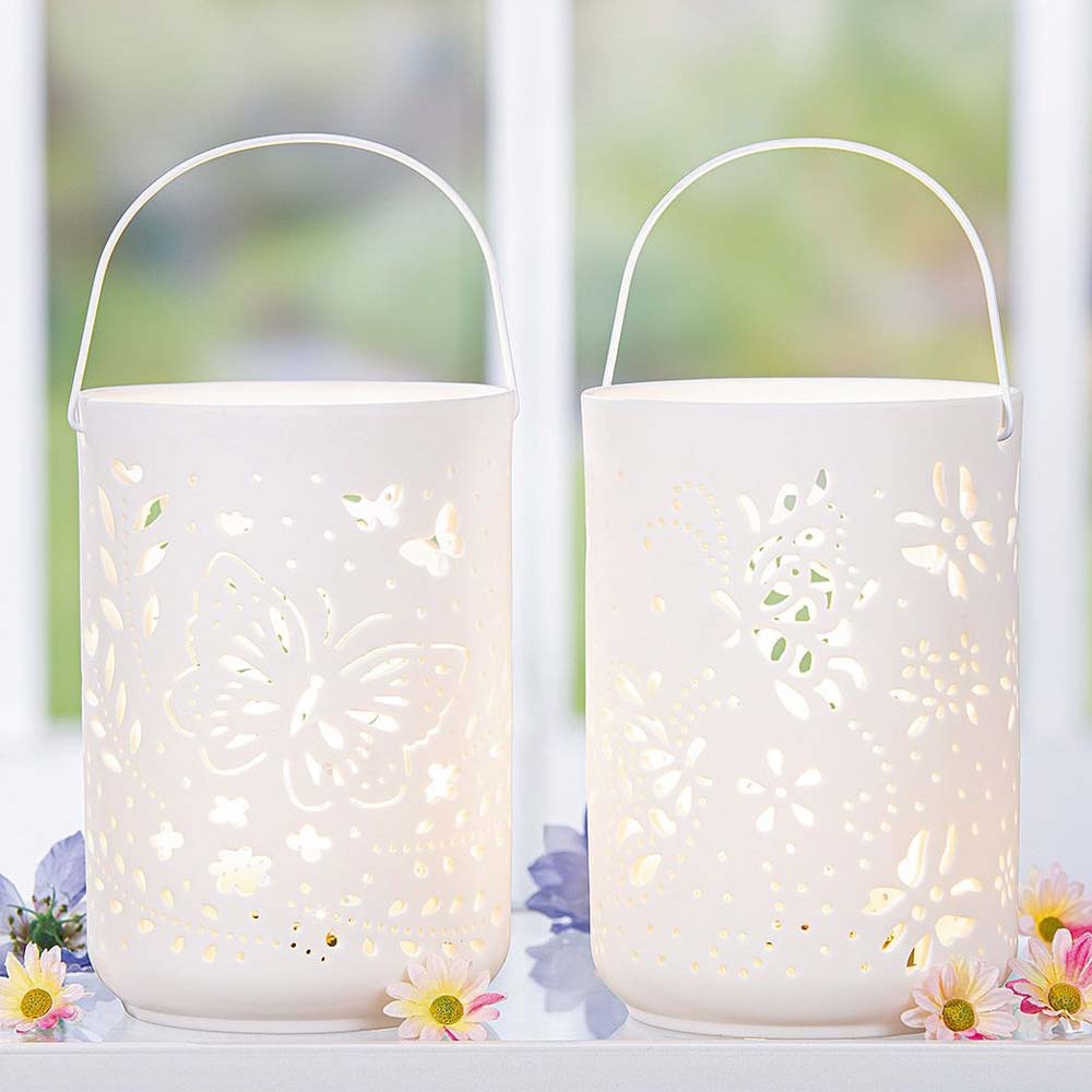 Gilde - LED Windlicht Weiß – Schmetterling & Blumen Design