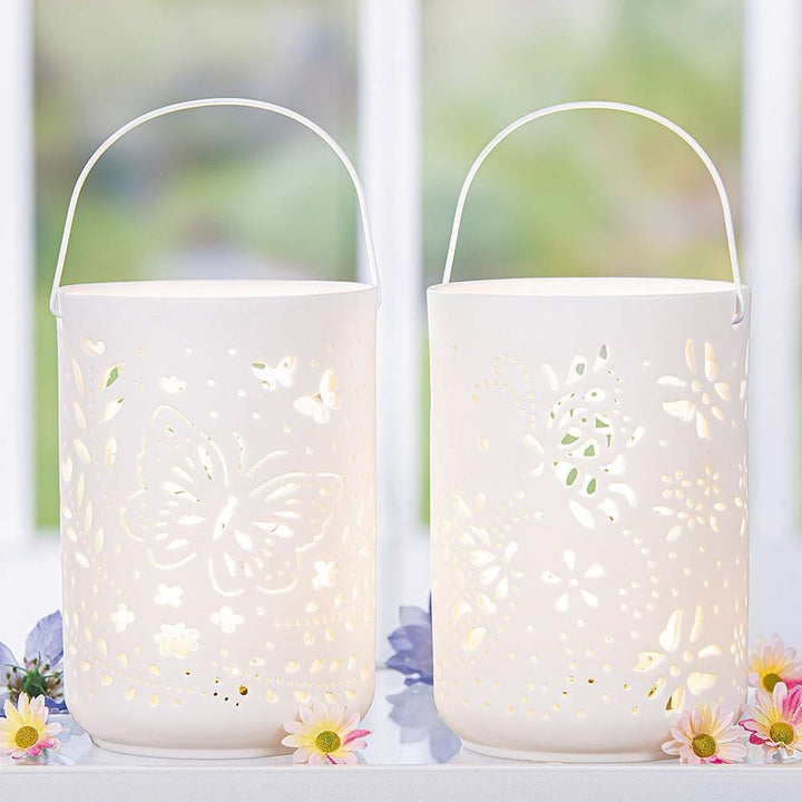 Gilde - LED Windlicht Weiß – Schmetterling & Blumen Design