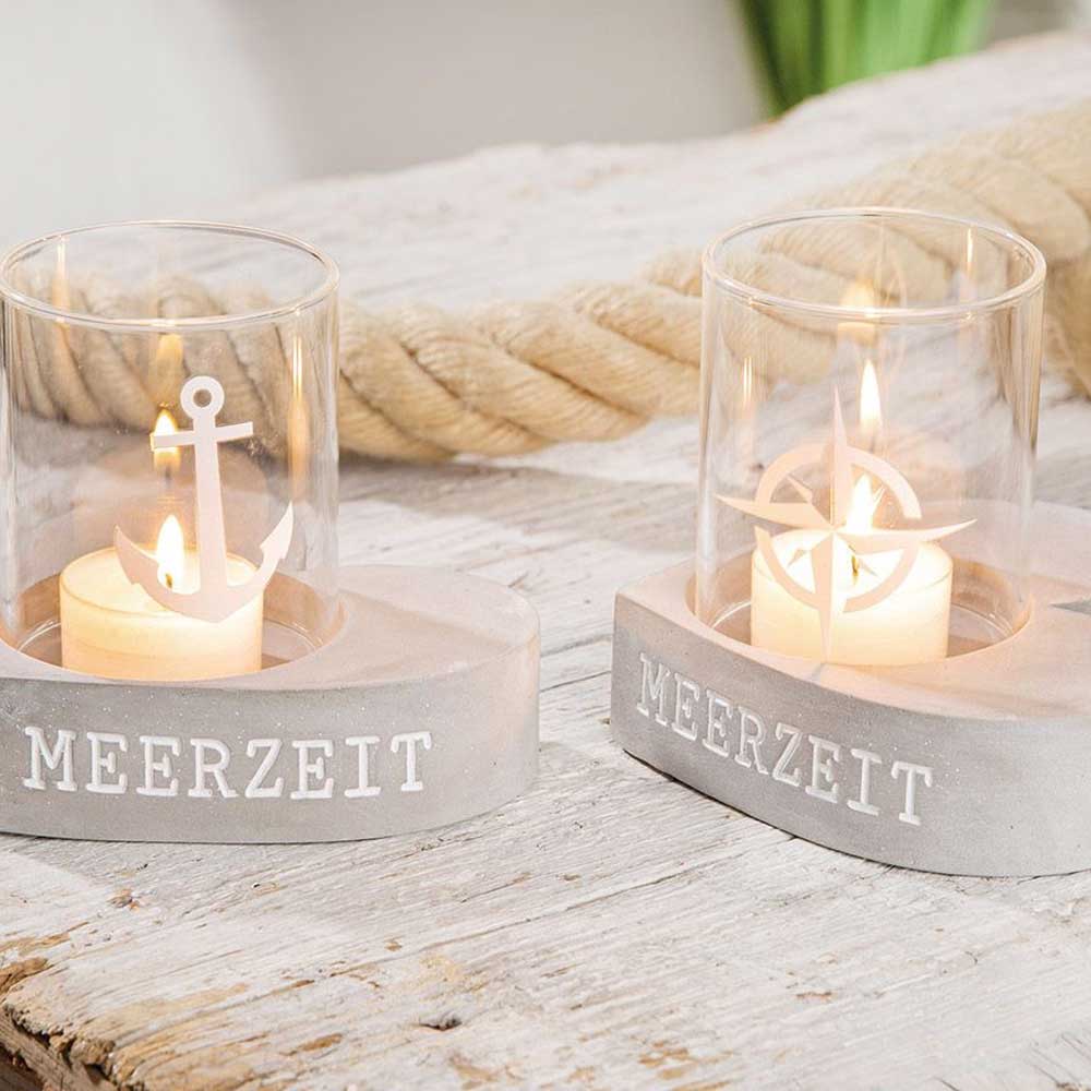 Gilde - Maritimes Windlicht Herz „MEERZEIT“ aus Beton & Glas