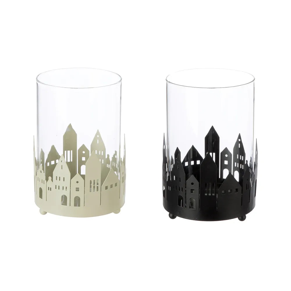 Gilde - Windlicht "Stadtlichter" Hausmotiv klar schwarz weiß