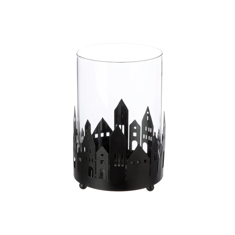 Gilde - Windlicht "Stadtlichter" Hausmotiv klar schwarz weiß