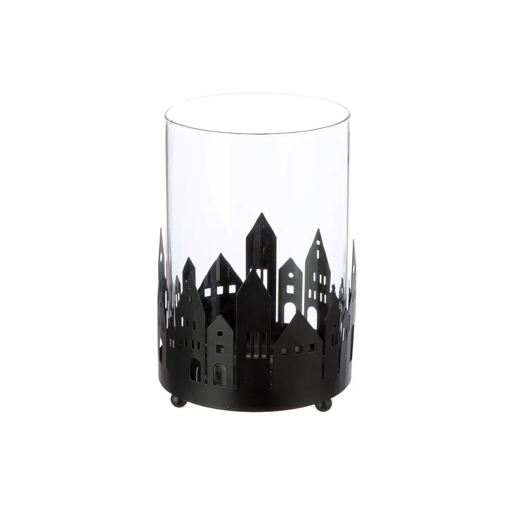 Gilde - Windlicht "Stadtlichter" Hausmotiv klar schwarz weiß