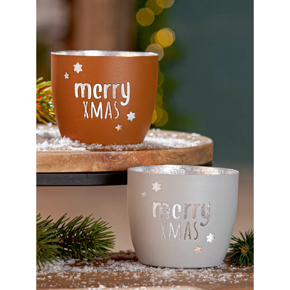 Gilde - Windlicht "merry XMAS" Sternmotiv braun grau