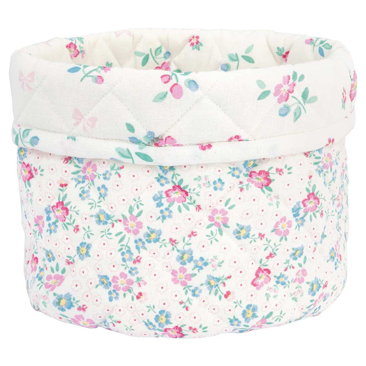Der weiße Stoffkorb GreenGate - Allyna Brotkorb zeigt ein Blumenmuster mit rosa, blauen und grünen Elementen.