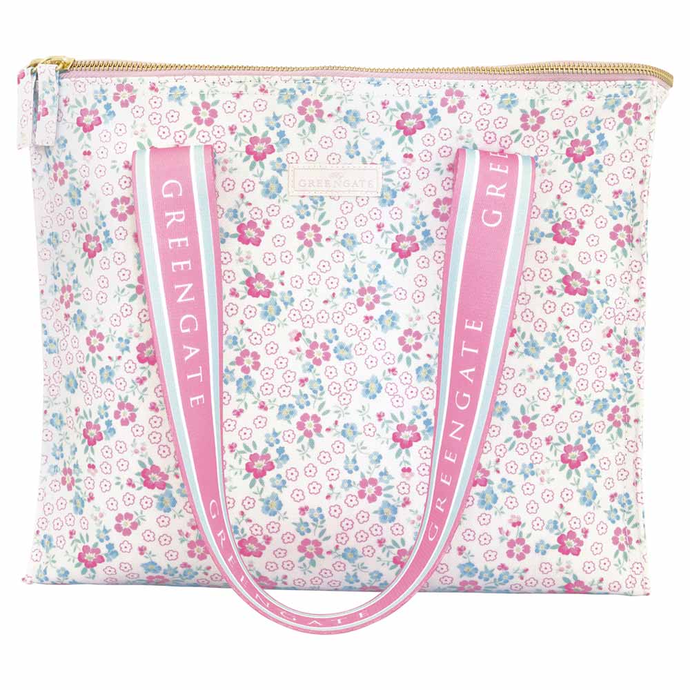 GreenGate - Allyna Kühltasche: Eine geblümte Einkaufstasche mit rosa und blauen Blumen, rosa Griffen und dem in Weiß aufgedruckten Markennamen Greengate.