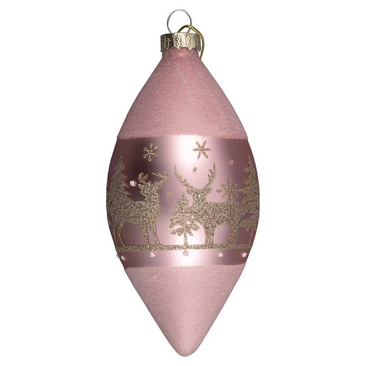 GreenGate - Weihnachtsanhänger Forrest Tropfen, blasses Rosa mit glitzernden Hirschen, Bäumen und Schneeflocken.