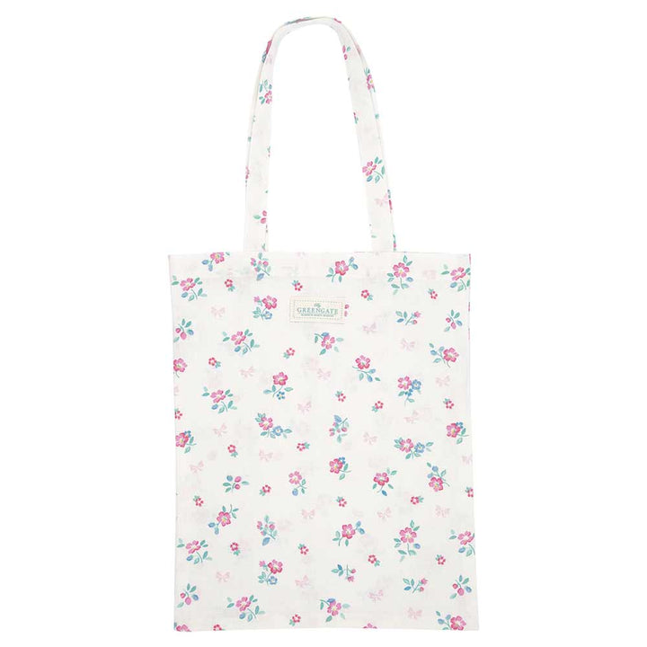 Die „GreenGate - Athea Stofftasche White“ ist eine weiße Einkaufstasche mit rosa und blauen Blumenmuster und langen Henkeln.