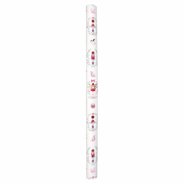 Eine Rolle GreenGate - Cindarella Geschenkpapier weiß 6 Meter mit einem sich wiederholenden Muster aus Nussknackerfiguren, Vögeln und festlichen Ornamenten in Rosa- und Rottönen.