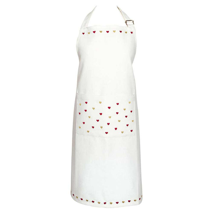 GreenGate - Grace Schürze mit Stickerei mit rosa und roten Herzmustern auf der Brusttasche und am unteren Rand.