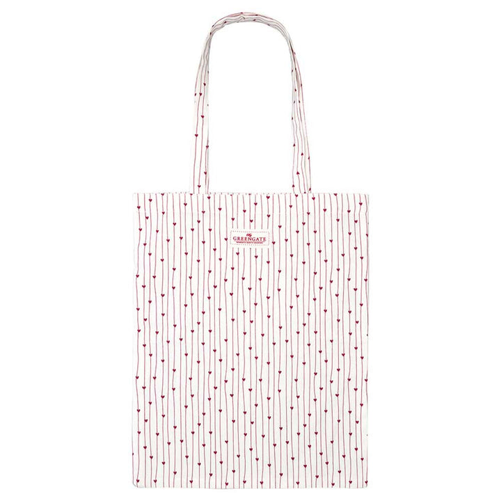 Weiße Einkaufstasche mit rotem Linien- und Punktmuster und dem Schriftzug „GreenGate – Grace Stofftasche weiß“ oben in der Mitte.
