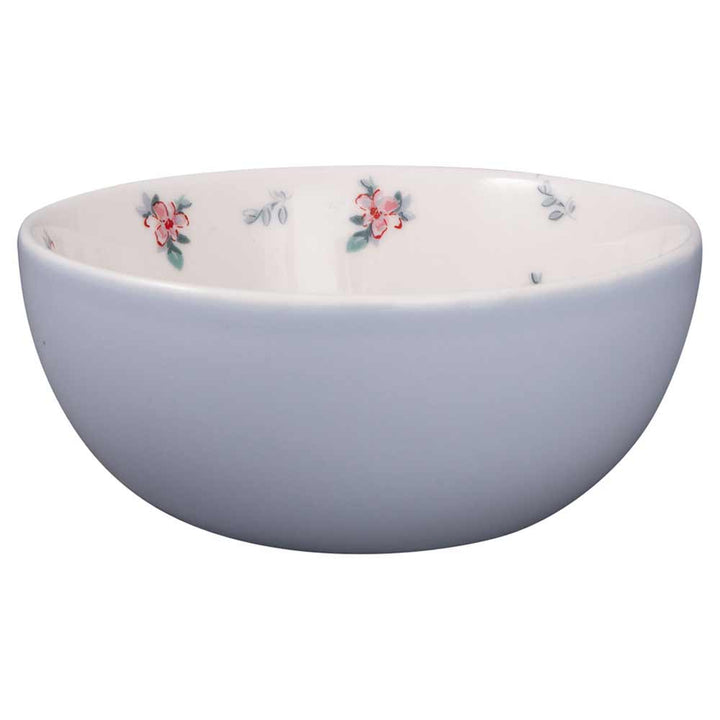 GreenGate - Jalia Müslischüssel in Hellgrau mit hellblauer Außenseite und kleinem roten Blumenmuster auf der Innenseite.