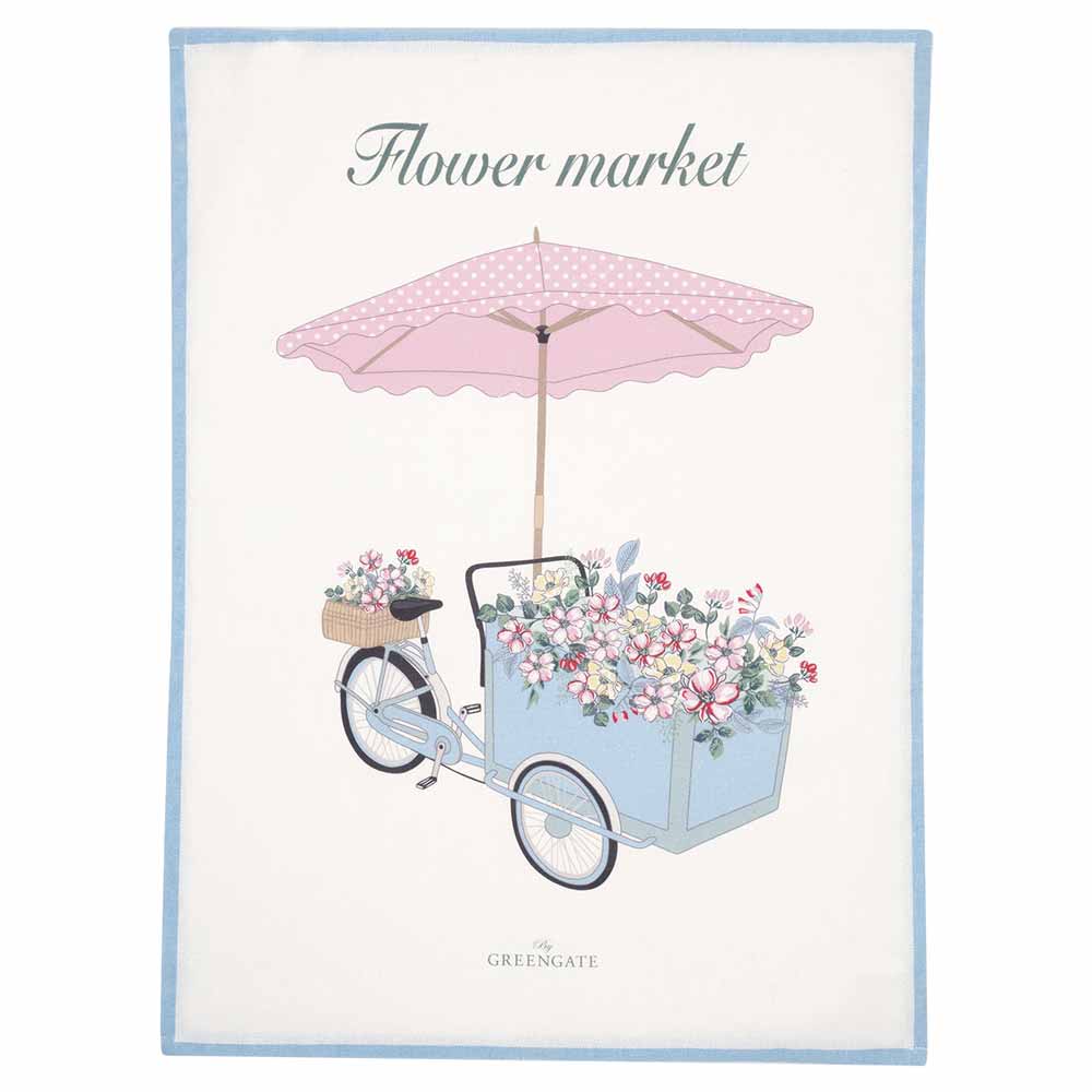Illustration eines Fahrrads mit einem großen, mit Blumen gefüllten Korb, auf dem sich ein rosa Regenschirm befindet. Text: „GreenGate - Portia Flowers Geschirrtuch Piece Printed White“.