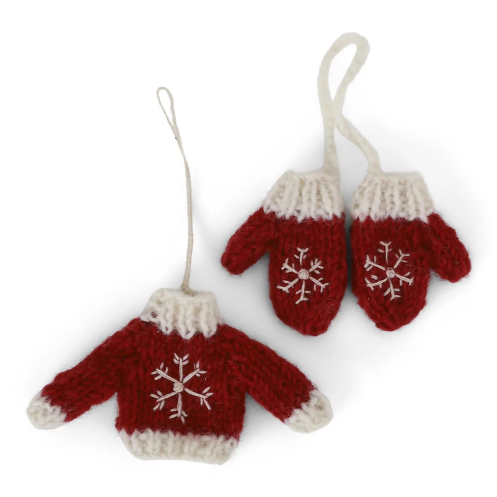 Gry & Sif – Gestrickter Filz-Pullover und Handschuhe Rot