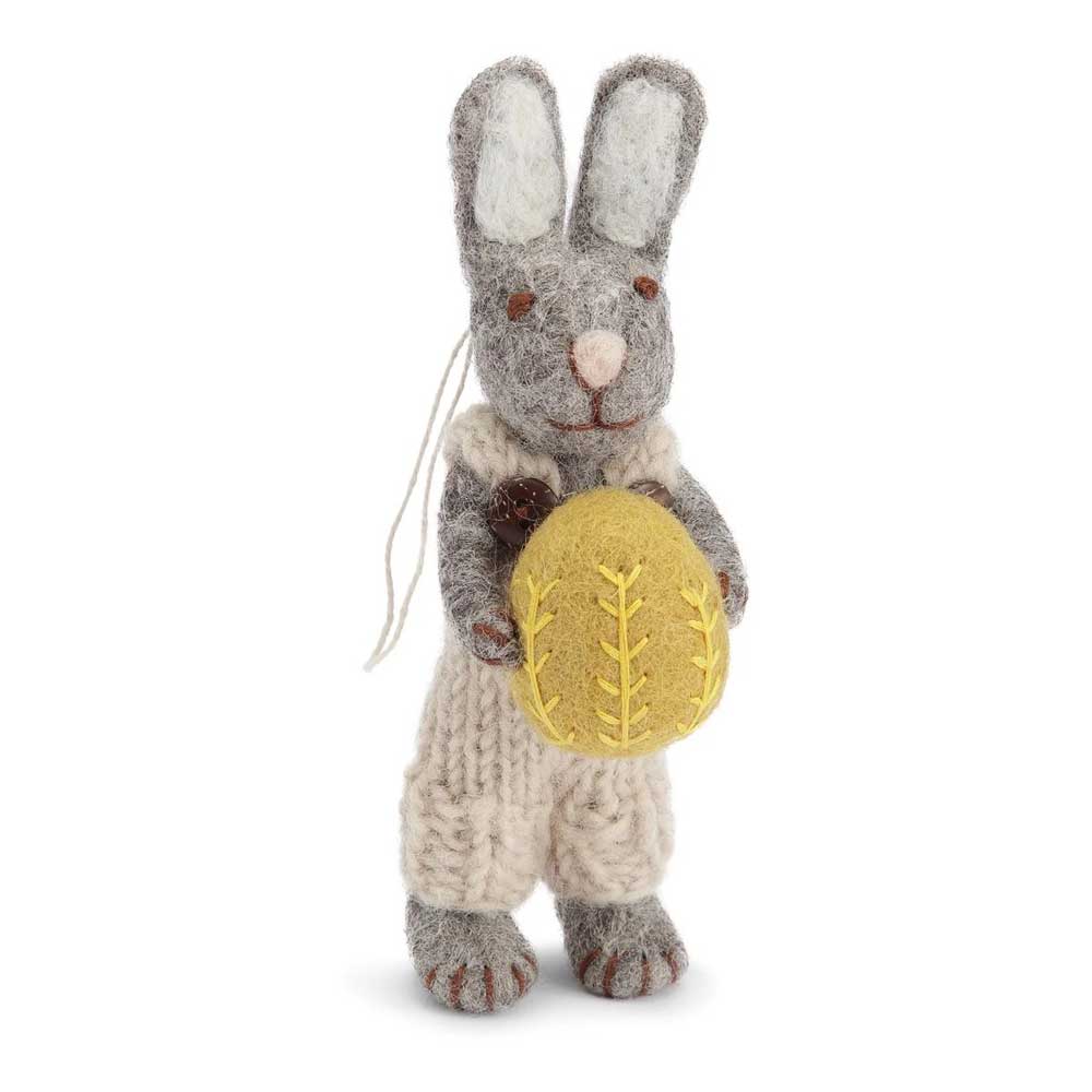 Gry & Sif - Grauer Hase Filz mit hellgrauer Hose & gelbem Ei