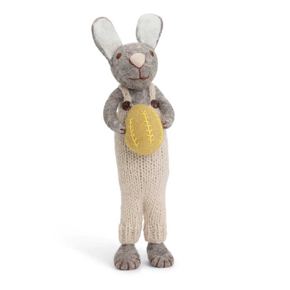 Gry & Sif - Grauer Hase Filz mit hellgrauer Hose & gelbem Ei