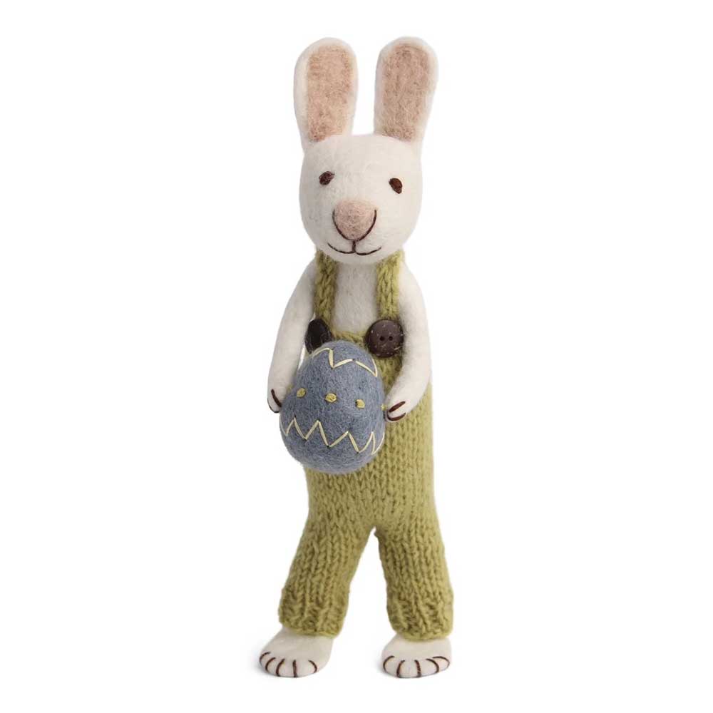 Gry & Sif - Großer weißer Hase Filz mit Hose und blauem Ei