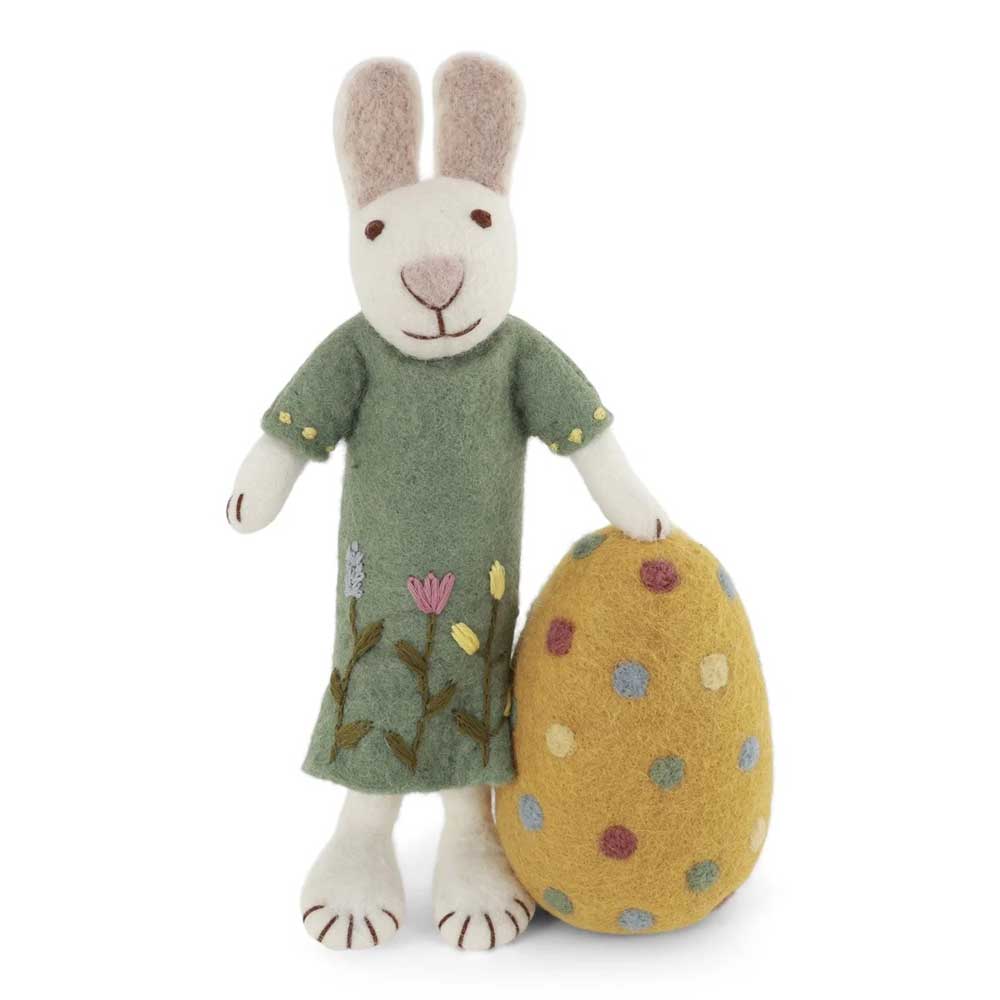 Gry & Sif - Großer weißer Hase Filz mit grünem Kleid & großem Ei