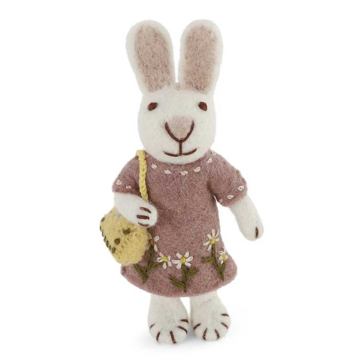 Gry & Sif - Großer weißer Hase Filz mit lavendelfarbenem Kleid & Tasche