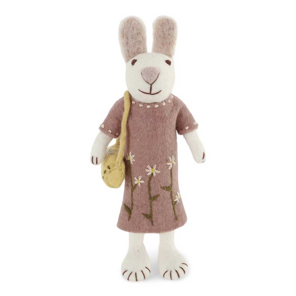 Gry & Sif - Großer weißer Hase Filz mit lavendelfarbenem Kleid & Tasche
