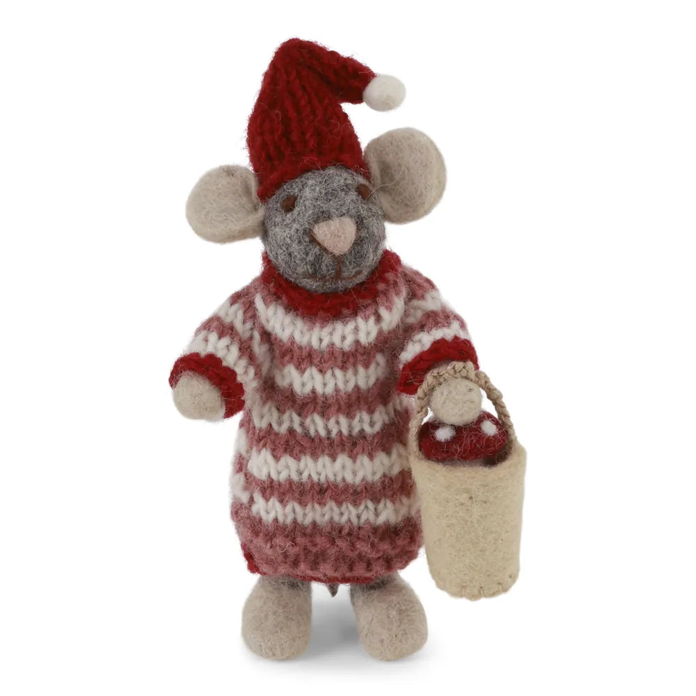 Gry & Sif - Kleine Mädchenmaus im Kleid mit Pilz im Eimer grau