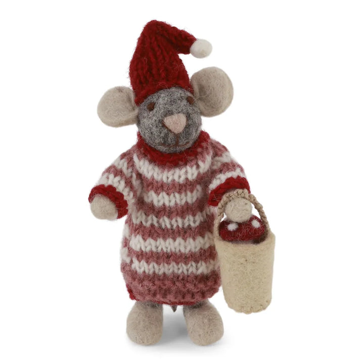 Gry & Sif - Kleine Mädchenmaus im Kleid mit Pilz im Eimer grau