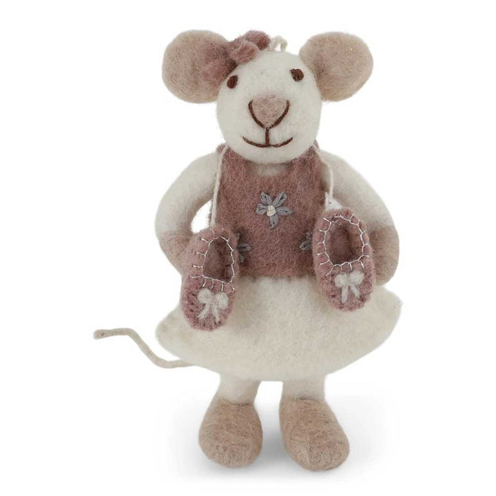 Gry & Sif - Kleine weiße Ballerina-Maus Filz mit Ballerinaschuhen & Schleife