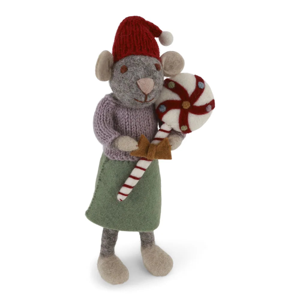 Gry & Sif – Filzmaus-Dame mit Weihnachtszuckerstange 27 cm