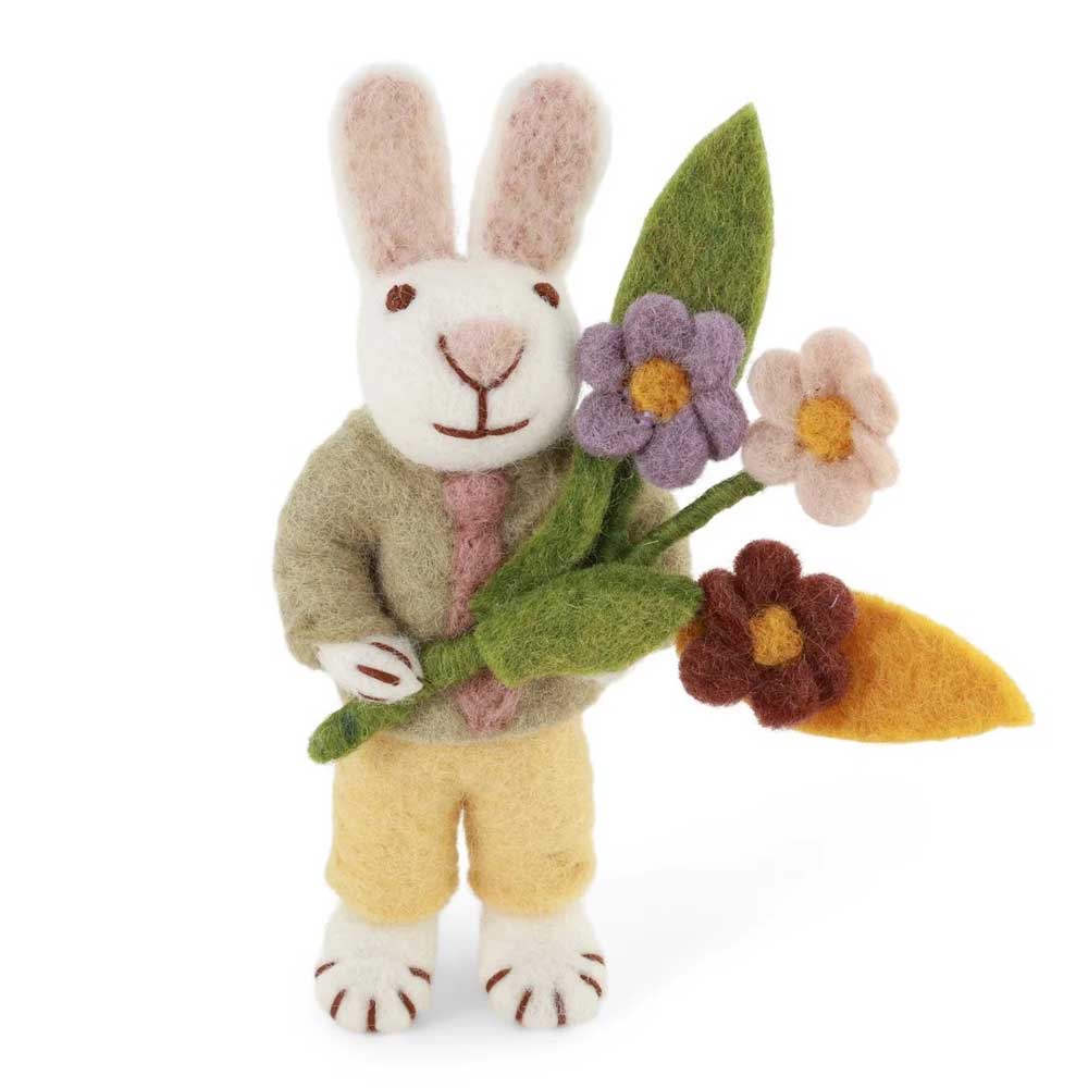 Gry & Sif - Weißer Hase Filz mit Krawatte & Blumen