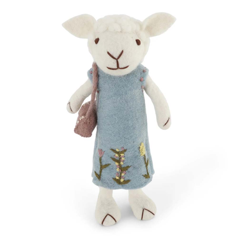 Gry & Sif - Weißes Schaf Filz mit hellblauem Kleid & Tasche