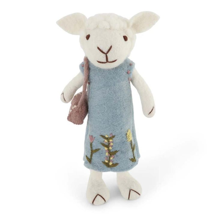 Gry & Sif - Weißes Schaf Filz mit hellblauem Kleid & Tasche