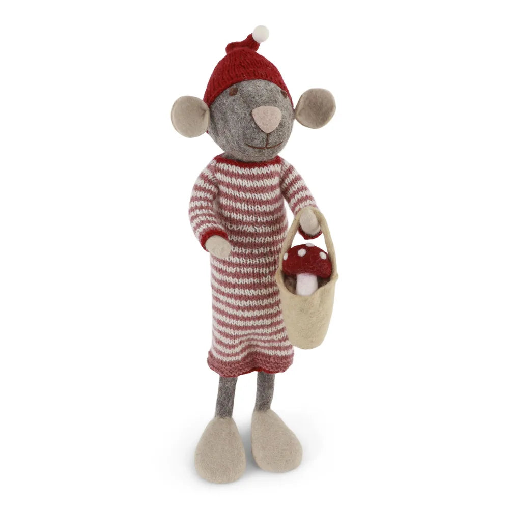 Gry & Sif - Filzmaus Mädchen im Kleid mit Pilz im Eimer XL grau 60 cm