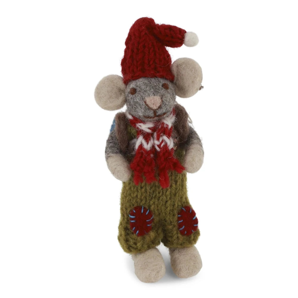Gry & Sif - Kleine graue Jungen-Maus mit grüner Hose & Rucksack