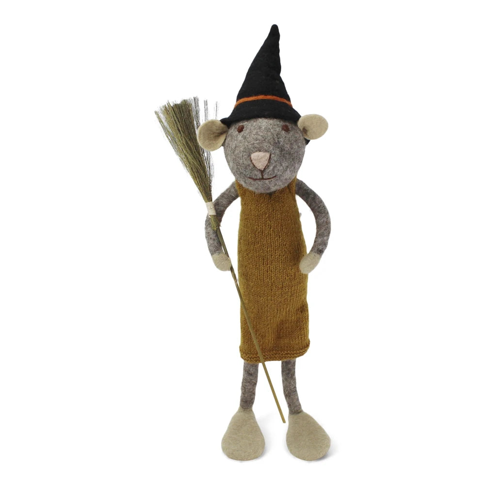 Gry &amp; Sif - XL Graue Mädchen-Maus Filz mit Besen und Ockerkleid
