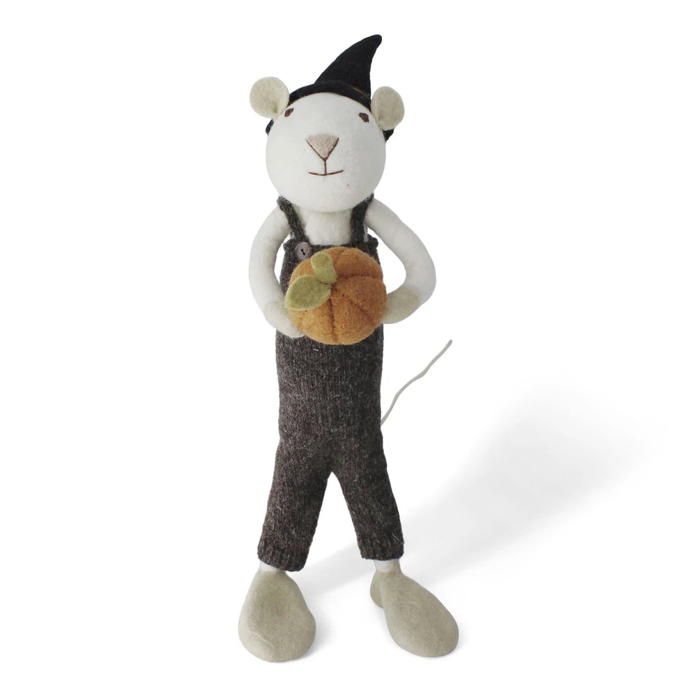 Gry & Sif - XL Weißer Jungen-Maus Filz mit Kürbis und brauner Hose