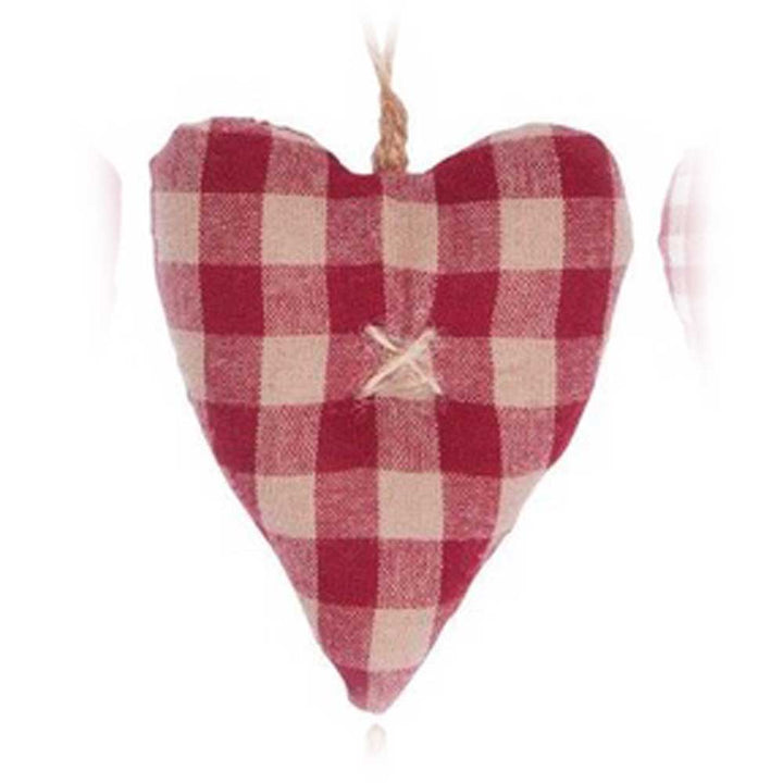 Wir präsentieren den Ib Laursen - Anhänger Herz Stoff My Nostalgic Christmas: eine bezaubernde herzförmige Dekoration mit einem klassischen rot-weißen Karomuster, die elegant an einer Schnur hängt.