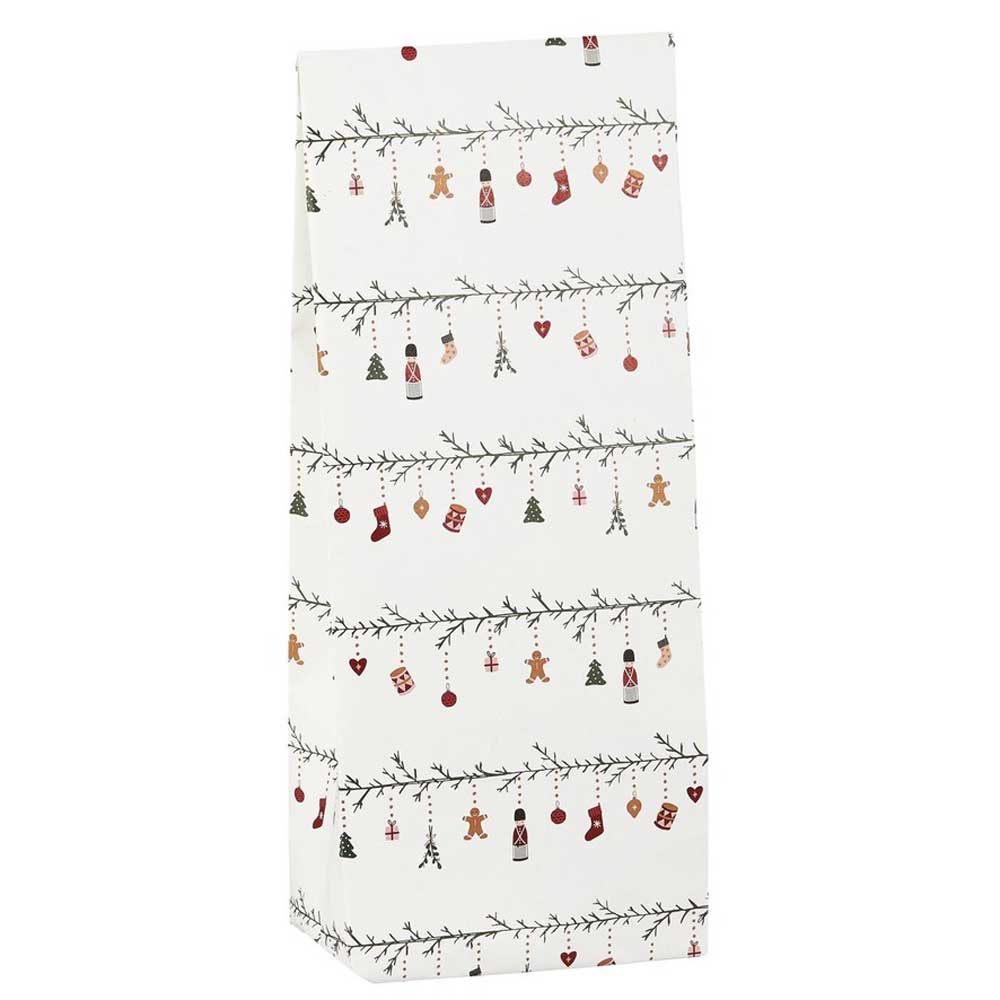 Eine große, weiße Geschenktüte aus Papier aus der Kollektion „Buntfalttüte My Nostalgic Christmas“ von Ib Laursen mit festlichen Dekorationen wie Strümpfen, Lebkuchenmännern, Ornamenten und grünen Mustern. Erhältlich in einer Packung mit 100 Stück.