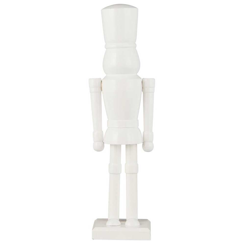 Eine weiße, unbemalte hölzerne Nussknackerfigur mit abgerundeten Füßen, die aufrecht auf einem rechteckigen Sockel steht und den Namen „Ib Laursen – Figur Nussknacker abgerundete Füße weiß“ trägt.