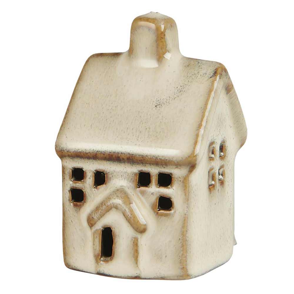 Das Ib Laursen - Haus Mini Vintage ist ein kleiner Kerzenständer aus Keramik in Form eines Hauses, komplett mit Schornstein und ausgeschnittenen Fenstern und Türen.